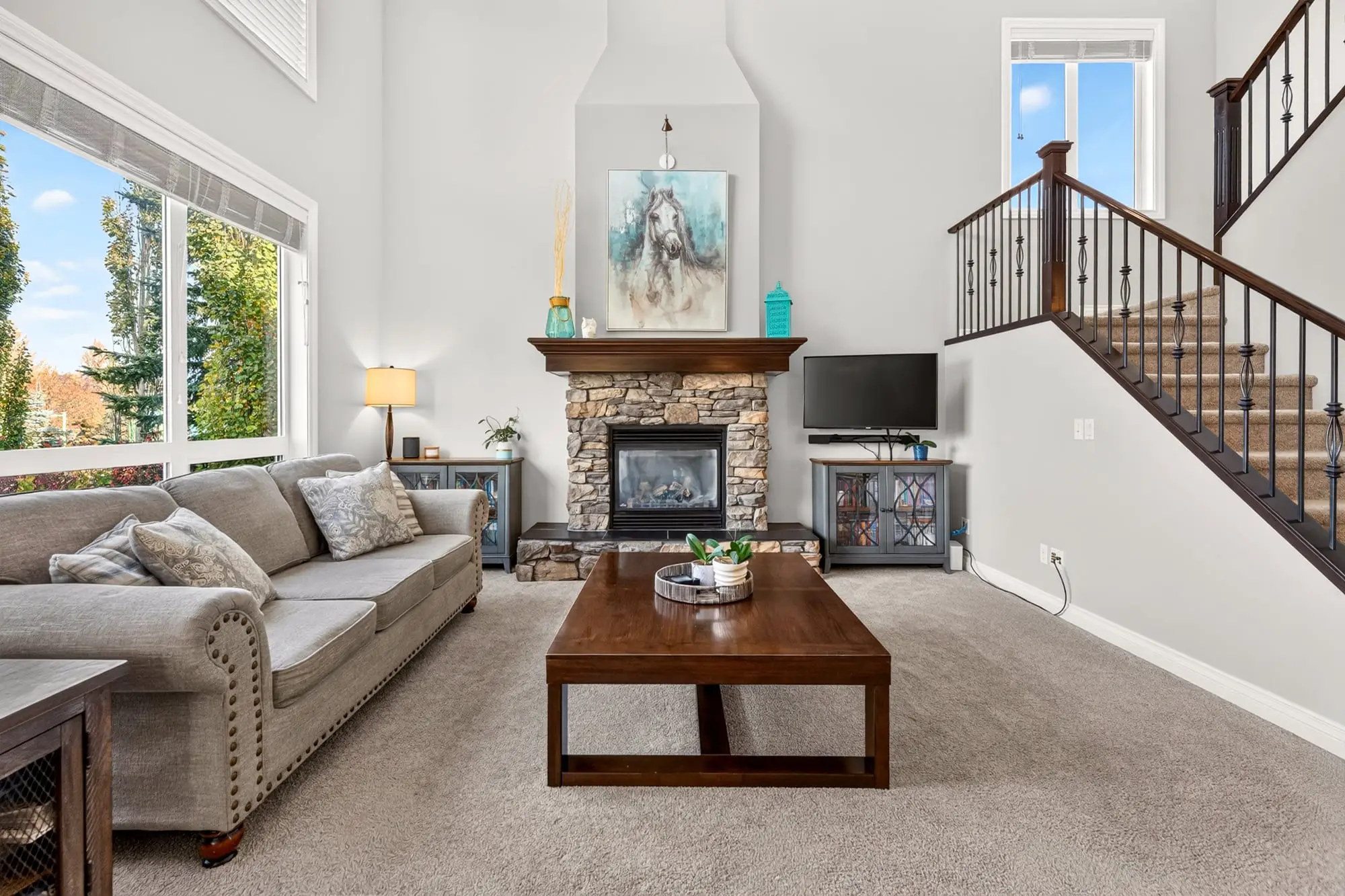 Stone-surround gas fireplace