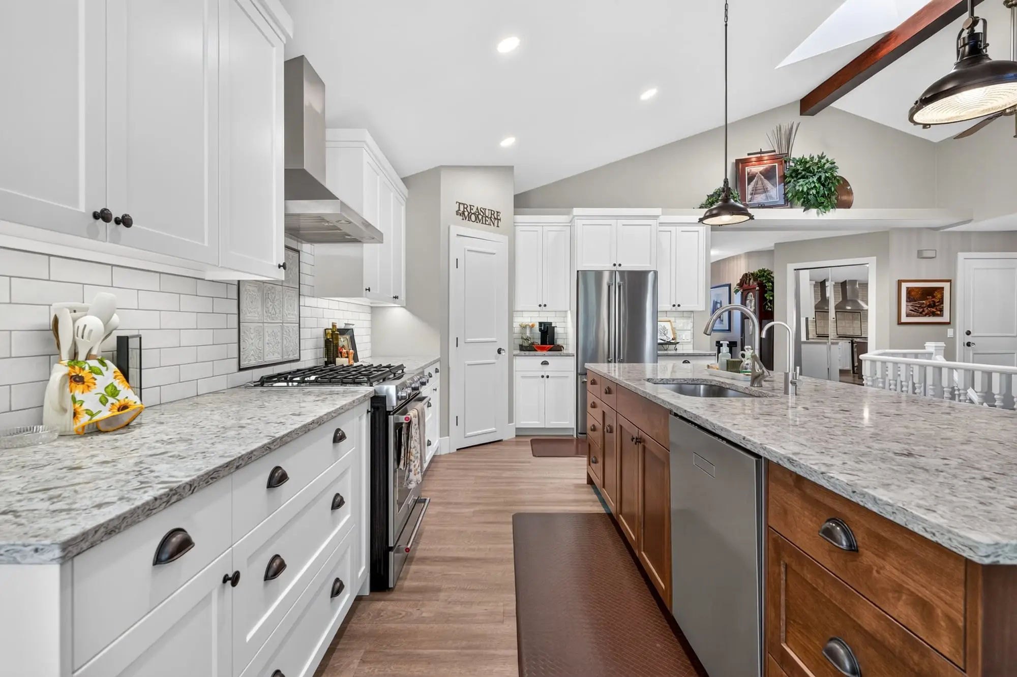 Kitchen work space and corner pantry