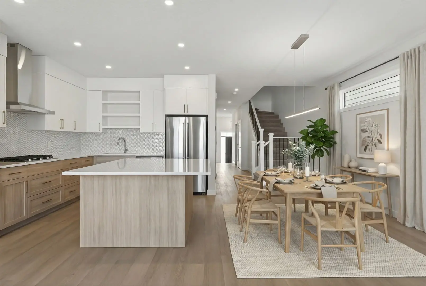 Kitchen and dining, virtually staged