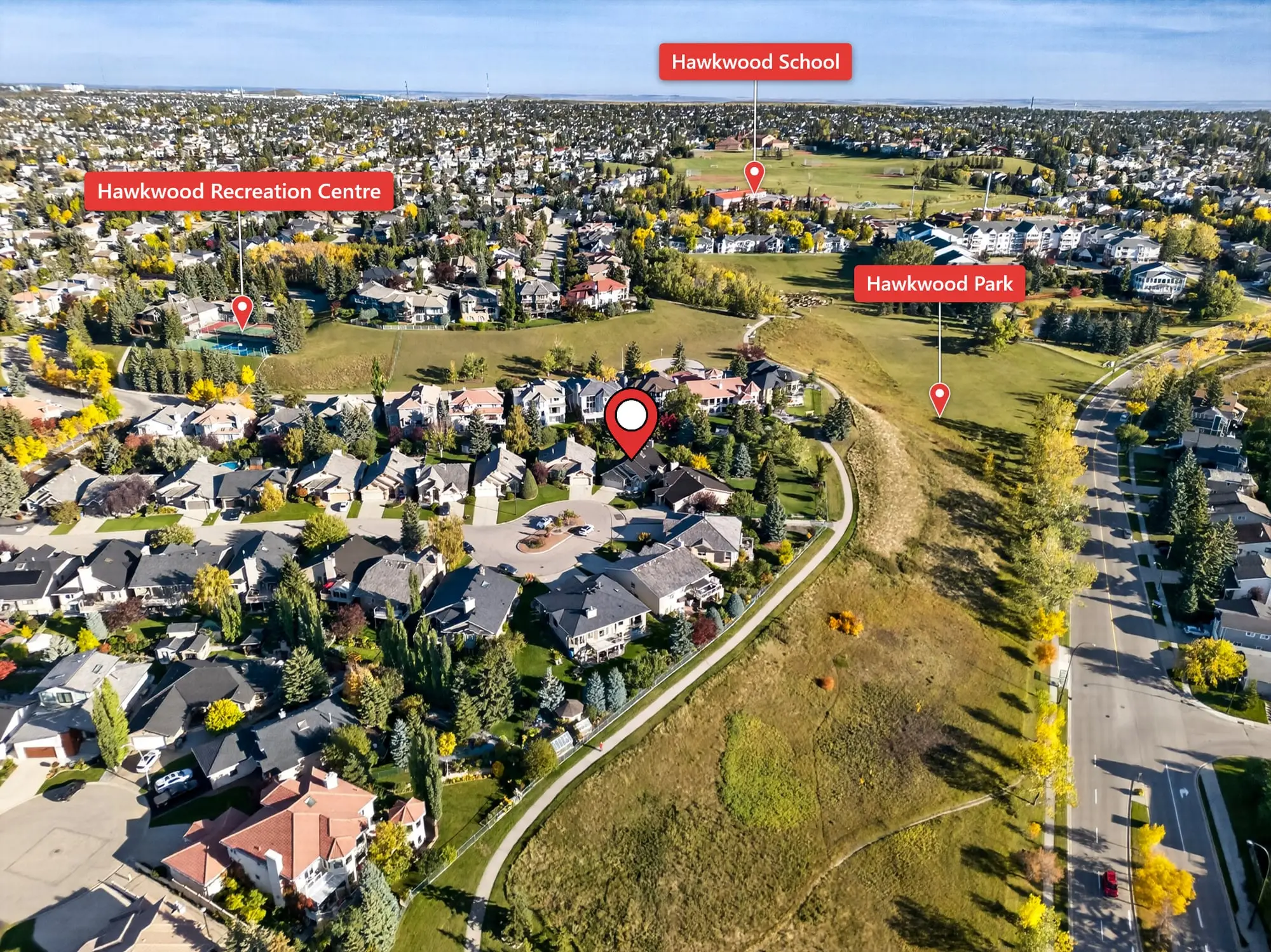 Aerial view with the recreation centre, school and park labelled
