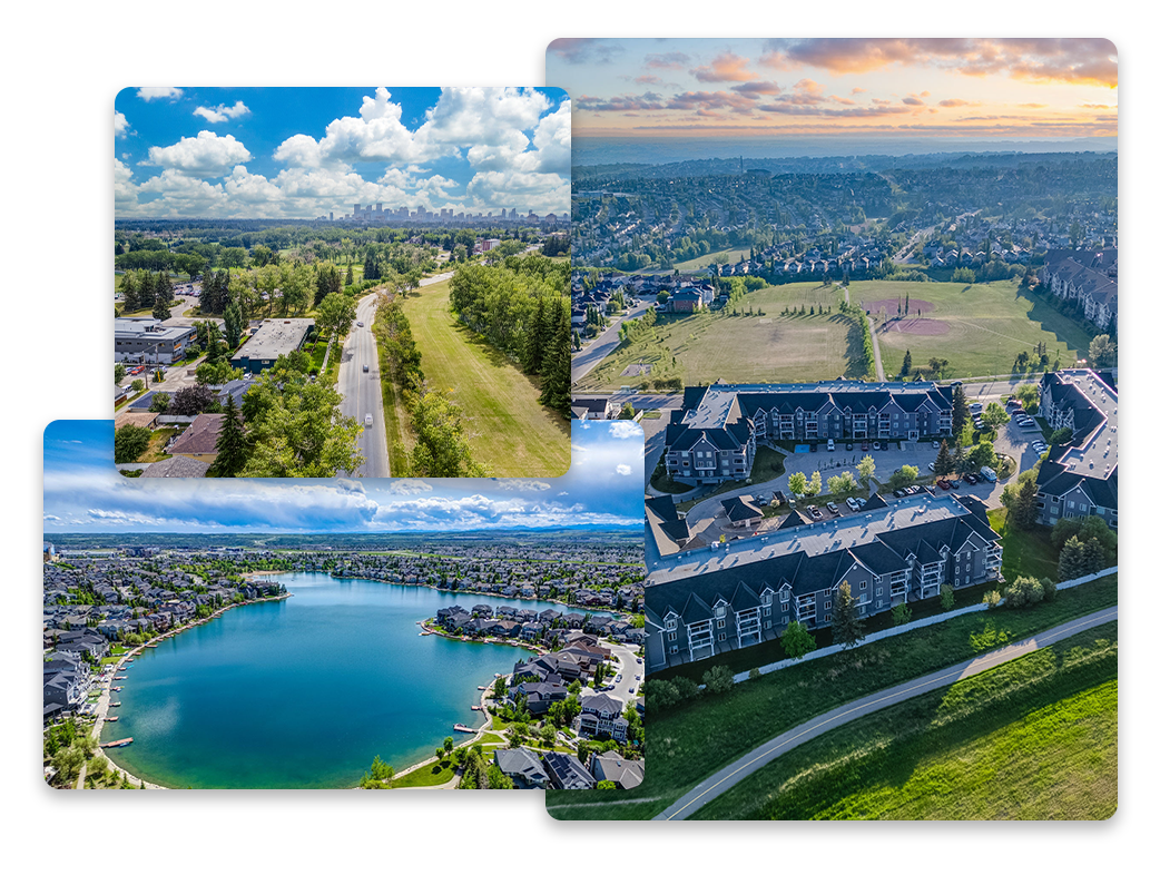 Collage of Northvantage Media aerial drone photography — Calgary skyline, community lake, and residential developments