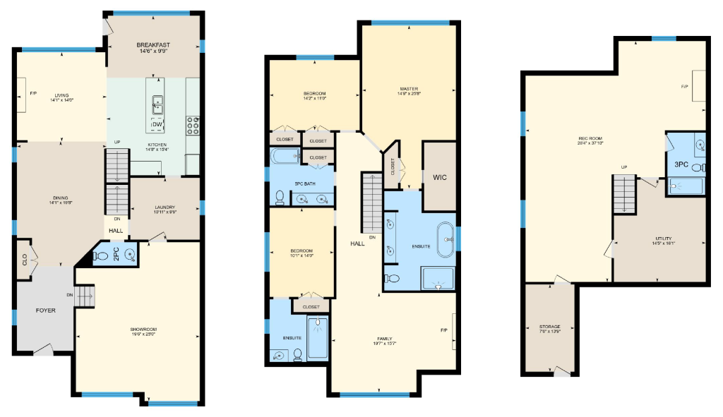 Scaled iGuide floor plans for a three-level home, showing room labels and dimensions for each floor