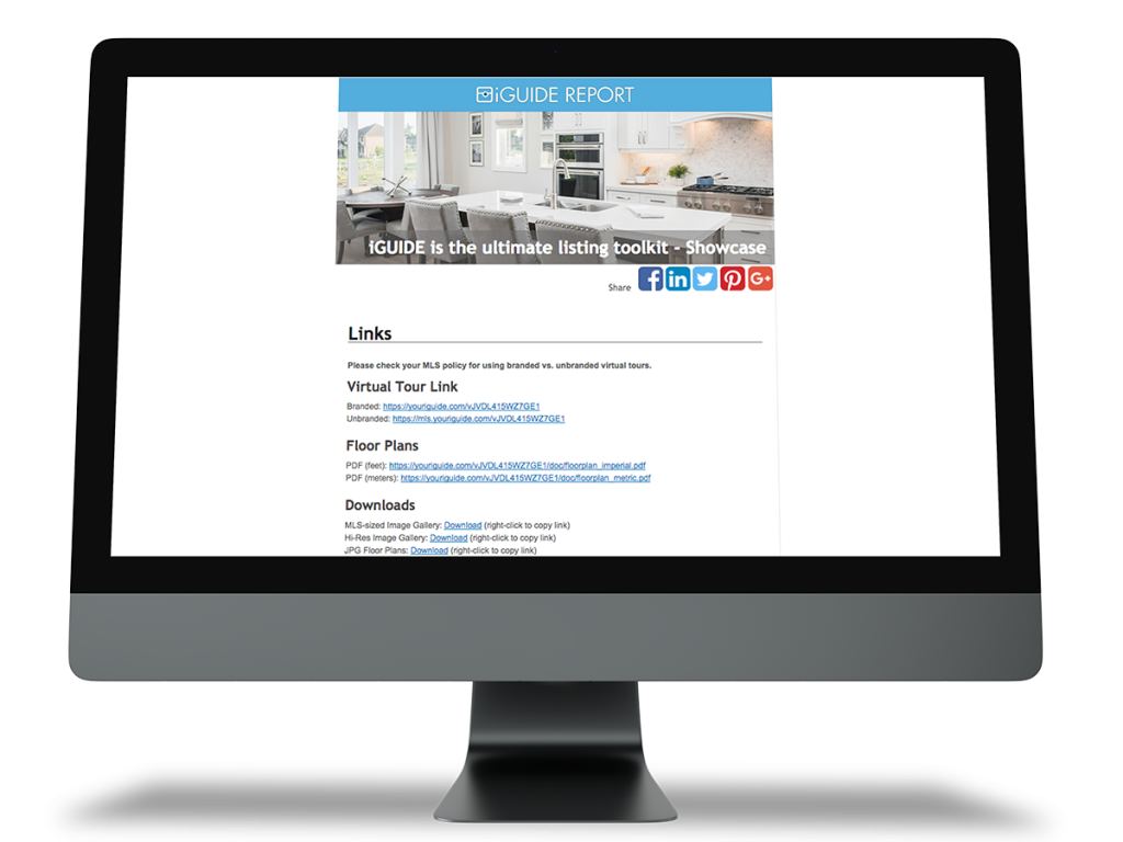 iGUIDE property report screen showing the virtual tour link, floor plan downloads, and image gallery