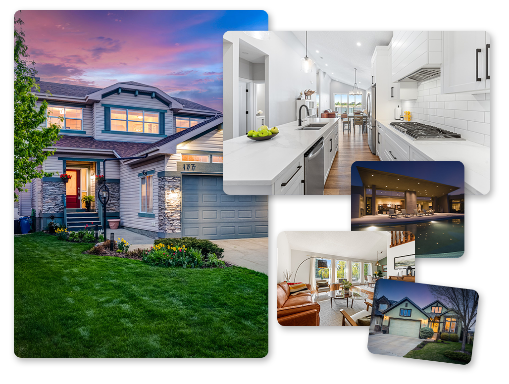 Collage of Northvantage Media real estate photography — twilight exterior, bright kitchen, living room, pool and dusk exterior shots